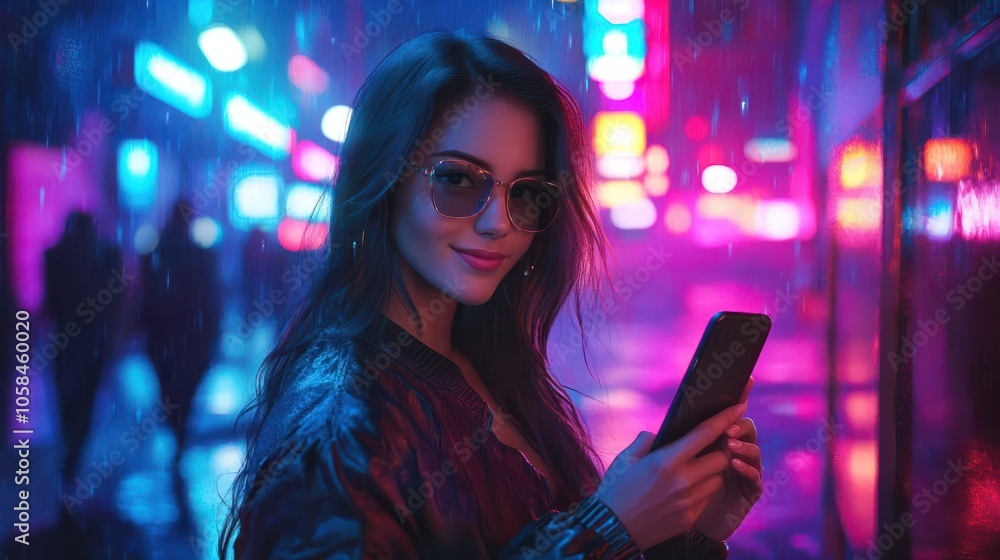 Beautiful Young Woman Using Smartphone Standing on the Night City Street Full of Neon Light. Portrait of Gorgeous Smiling Female Using Mobile Phone. Beautiful Young Woman Using Smartphone Standing on the Night City Street Full of Neon Light. Portrait of Gorgeous Smiling Female Using Mobile Phone.