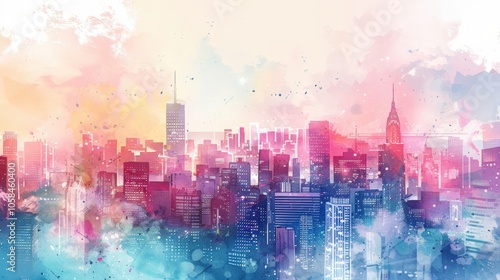 Illustration of Vibrant Watercolor City Skyline with Colorful Paint Splashes 