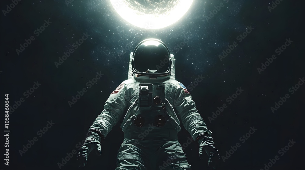 Fototapeta premium Male astronaut floating in space beneath a radiant moon.