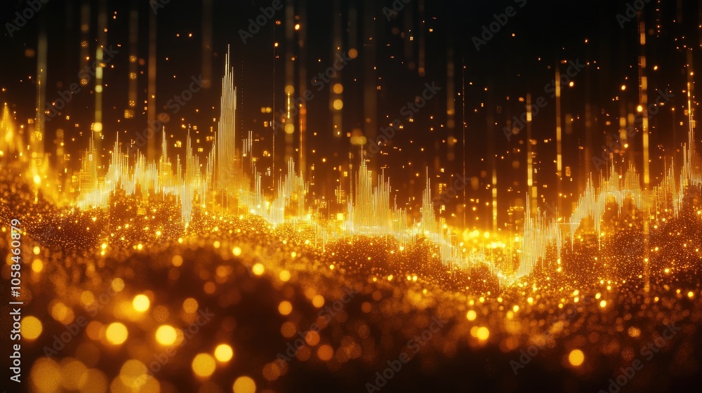Golden Abstract Waves of Light with Sparkling Particles Golden Abstract Waves of Light with Sparkling Particles