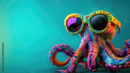 Bright Octopus in Sunglasses and Teal Background, Ideal for Fun Marketing and Kids’ Media