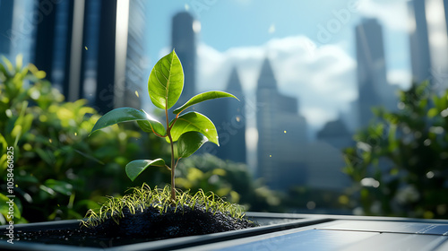 Vibrant Urban Garden with Lush Greenery and City Architecture in Blooming Spring photo