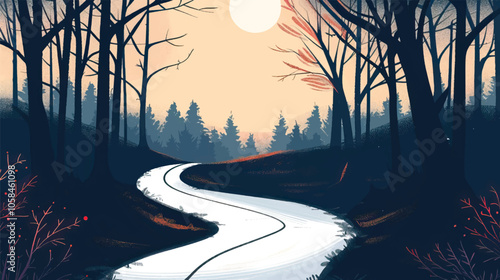 A winding road through a forest. silhouette illustration