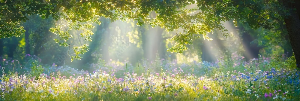 Fototapeta premium Enchanting Forest Glade with Sunlight and Wildflowers - Ultra-Detailed Panoramic Landscape Photography