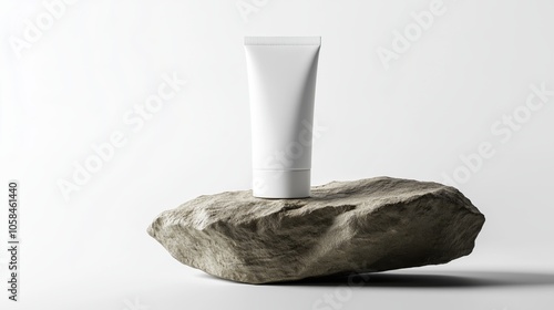 A tube of face cream on top of an old rock, white background, minimalist style photo