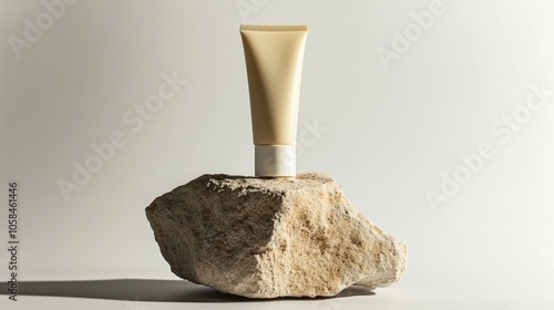 A tube of face cream on top of an old rock, white background, minimalist style photo