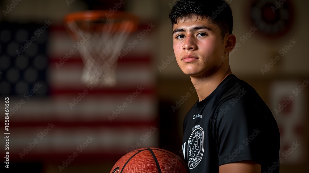 Teenage Hispanic male basketball player with a ball, focused and determined expression. Teenage Hispanic male basketball player with a ball, focused and determined expression.