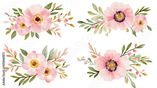 Pink Watercolor Flower Bouquets With Green Leaves Generative AI