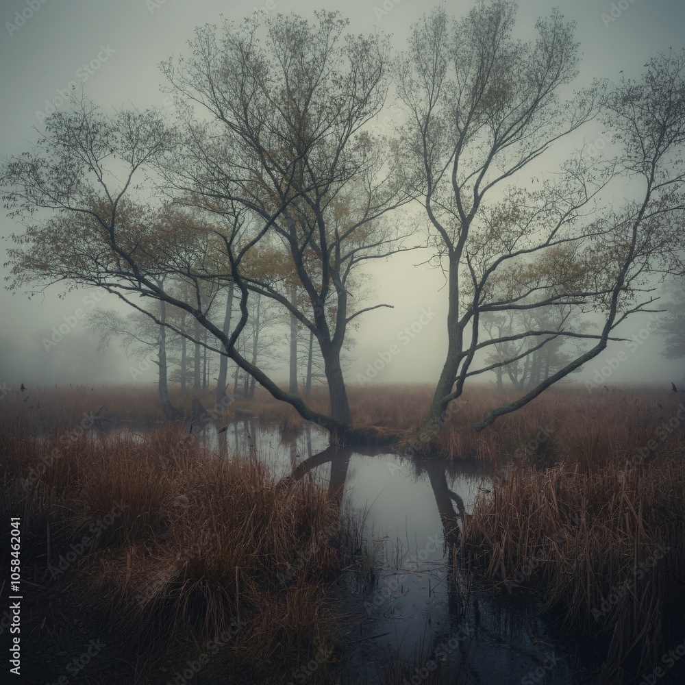 Mysterious foggy marsh with twisted, leafless trees and still water Mysterious foggy marsh with twisted, leafless trees and still water