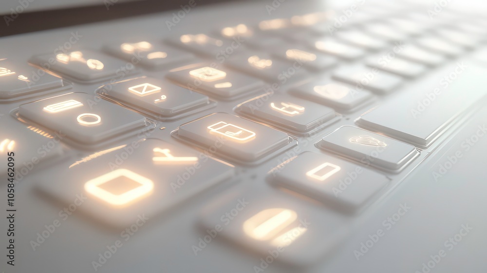 Close-up of a modern illuminated keyboard with various symbols and keys. Close-up of a modern illuminated keyboard with various symbols and keys.