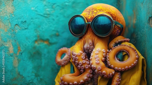 Lighthearted Octopus with Oversized Sunglasses, Playful Tentacle Curls, Set Against a Teal Background, Ideal for Fun Promotions, Kids’ Media, and Branding That Needs a Touch of Humor photo