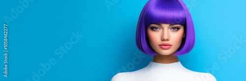 Woman with purple hair stands in front of a blue background. Concept of confidence and boldness, as the woman's vibrant hair color contrasts with the calm blue background