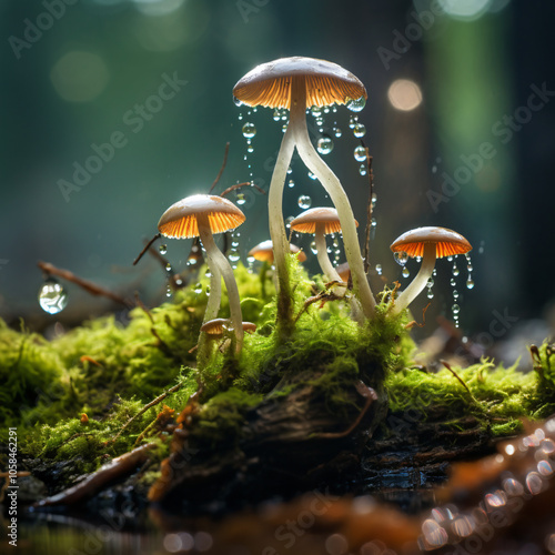 Close-up mushrooms water droplets lush forest, high resolution nature scene eco-friendly decor, botanical print,outdoor adventure,white,pink,macro,camara,tree,plant,moist,fog,terrarium,photography