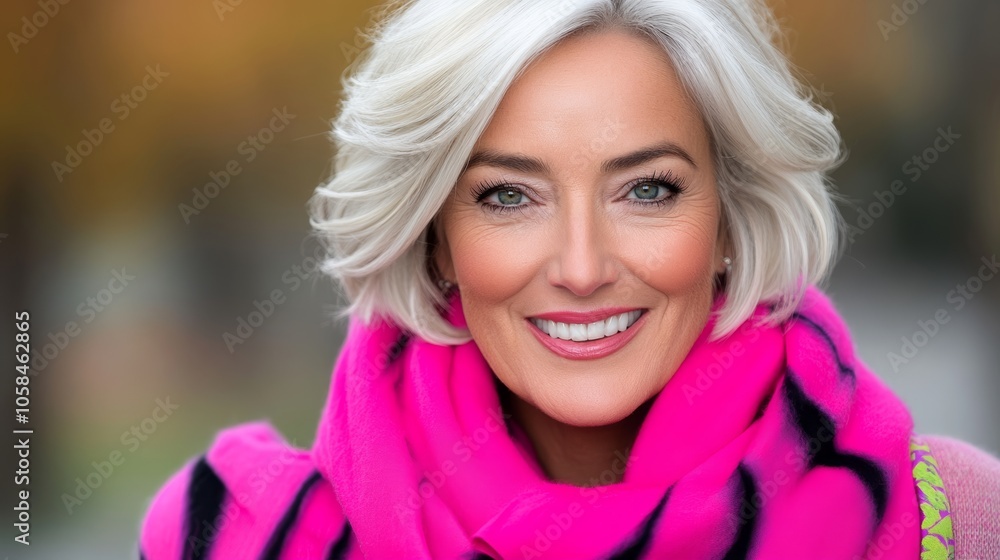 Woman with a pink scarf and a smile on her face. She is wearing a pink jacket and a black and white scarf Woman with a pink scarf and a smile on her face. She is wearing a pink jacket and a black and white scarf