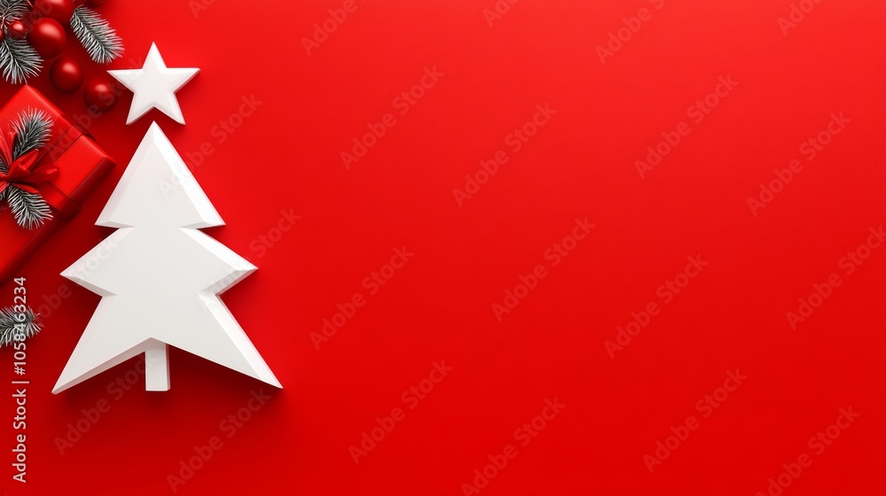 Red background with a white Christmas tree and a red star on top. The tree is surrounded by red berries Red background with a white Christmas tree and a red star on top. The tree is surrounded by red berries
