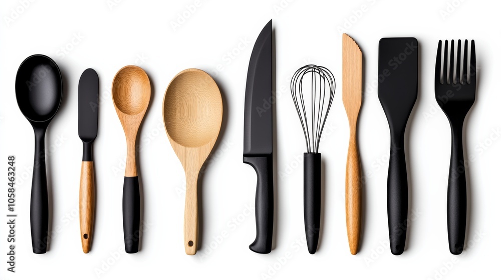 Collection of kitchen utensils including a knife, spoon, and spatula. The utensils are arranged in a row, with some of them being wooden and others being black Collection of kitchen utensils including a knife, spoon, and spatula. The utensils are arranged in a row, with some of them being wooden and others being black
