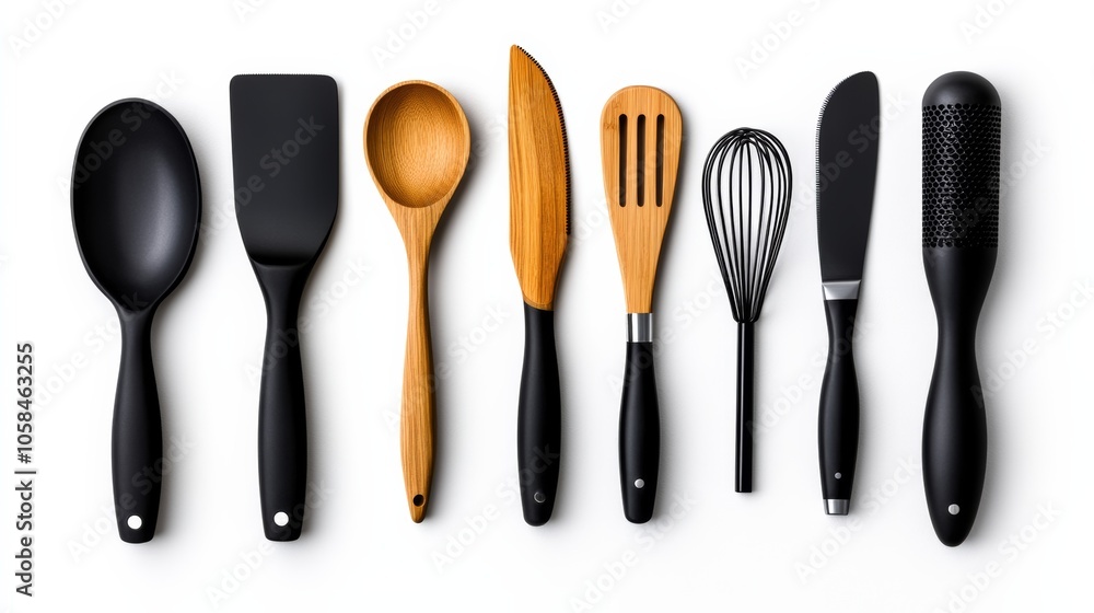 Collection of kitchen utensils including a spatula, a whisk, a ladle, and a spoon Collection of kitchen utensils including a spatula, a whisk, a ladle, and a spoon