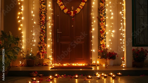 Beautifully decorated front door for Diwali, with glowing diyas, string lights, and flower garlands