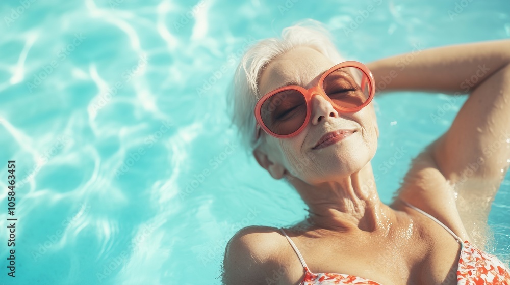 Naklejka premium Middle aged elderly woman relaxing in pool sunbathing wearing cool glasses enjoying vacation holiday after retirement 