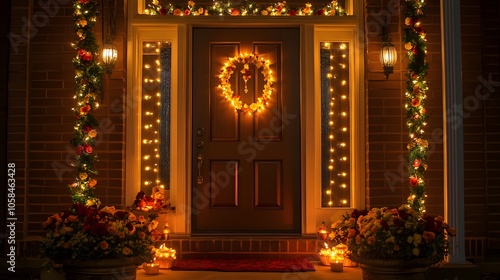 Beautifully decorated front door for Diwali, with glowing diyas, string lights, and flower garlands