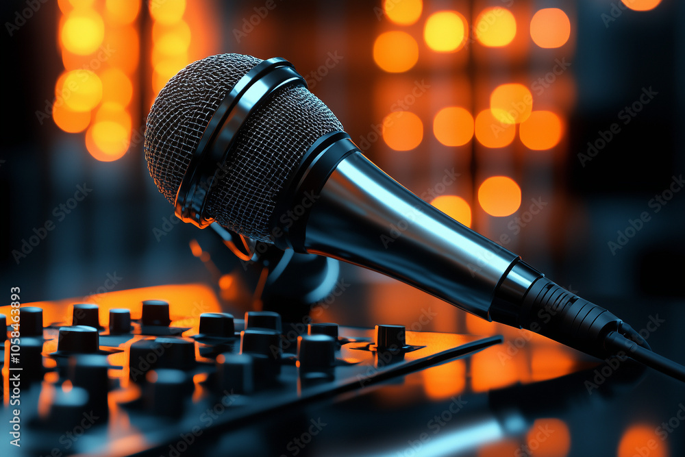 Modern studio microphone on sound recording studio background.. Modern studio microphone on sound recording studio background..