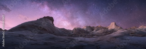 Twilight Majesty - Captivating Panoramic Mountain Landscape with Starlit Sky and Colorful Reflections on Rocks, Ultra-Detailed Nature Beauty photo