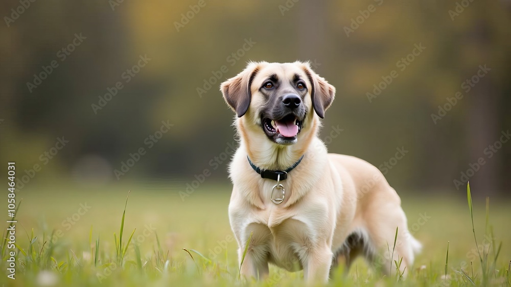 A dog is standing in the grass with its tongue out A dog is standing in the grass with its tongue out