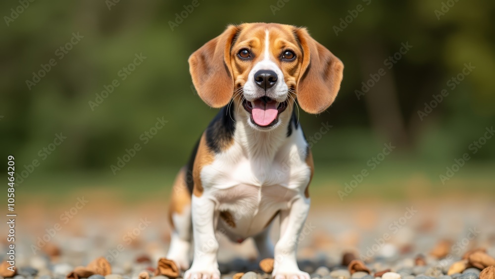 A beagle dog standing on a gravel road with its tongue out A beagle dog standing on a gravel road with its tongue out