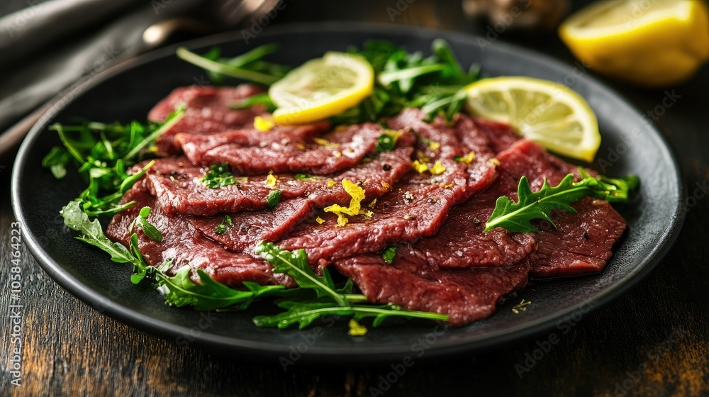 A plate of mouth-watering Italian beef carpaccio garnished with fresh arugula and lemon zest. The dish is captured with elegant lighting, leaving room for branding or text. A plate of mouth-watering Italian beef carpaccio garnished with fresh arugula and lemon zest. The dish is captured with elegant lighting, leaving room for branding or text.