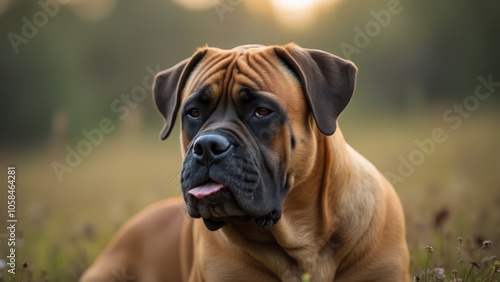 A large brown dog laying in a field of flowers