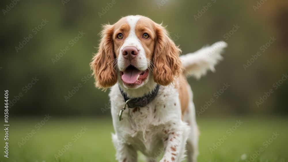 A brown and white dog running across a lush green field A brown and white dog running across a lush green field
