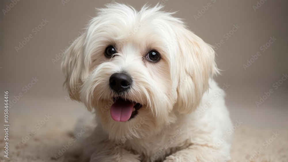 A small white dog laying on the floor with its tongue out A small white dog laying on the floor with its tongue out