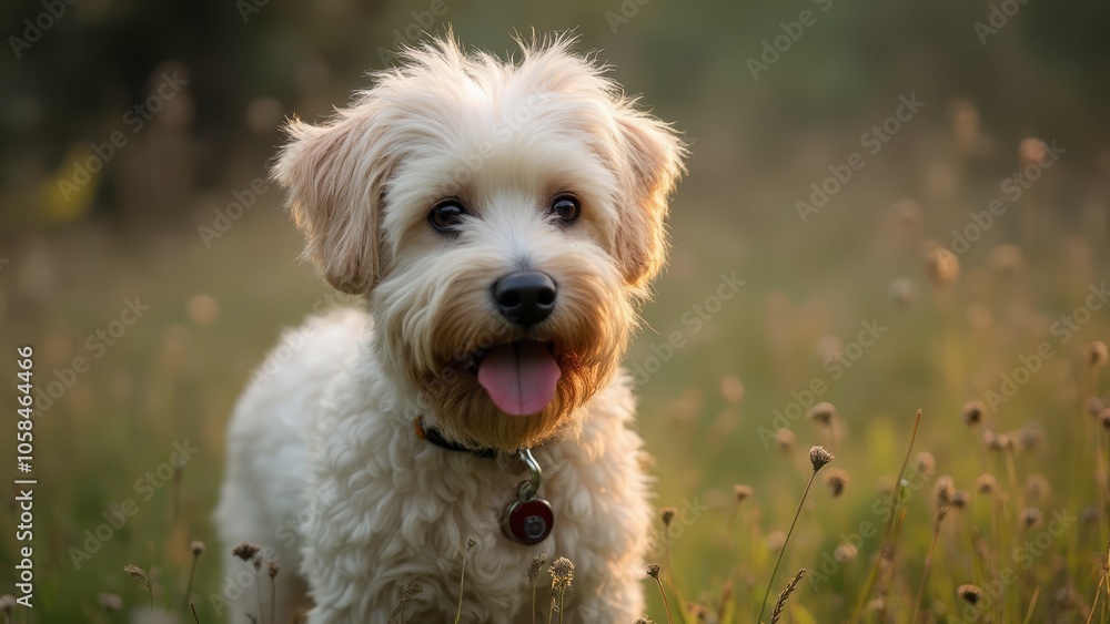 A small white dog sitting in a field of tall grass A small white dog sitting in a field of tall grass