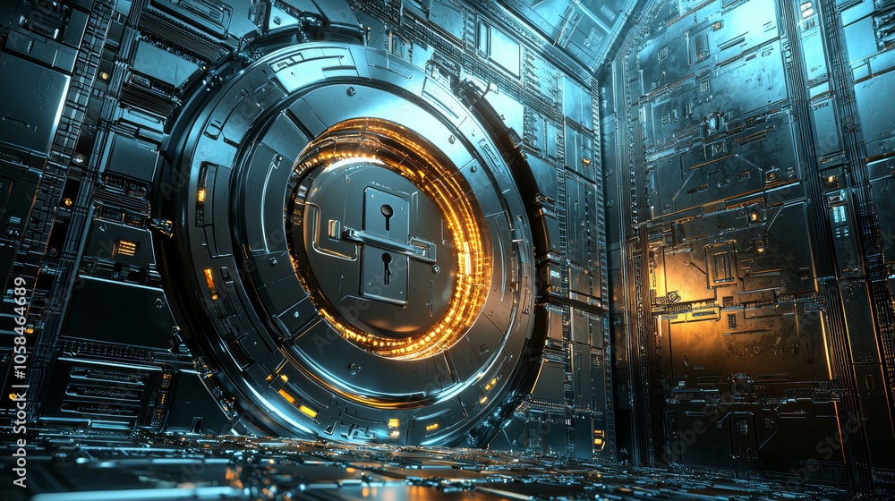futuristic digital vault with glowing lock and key mechanism, surrounded by metallic walls and intricate circuitry, evokes sense of security and advanced technology futuristic digital vault with glowing lock and key mechanism, surrounded by metallic walls and intricate circuitry, evokes sense of security and advanced technology