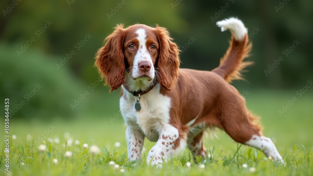 A brown and white dog running across a lush green field A brown and white dog running across a lush green field