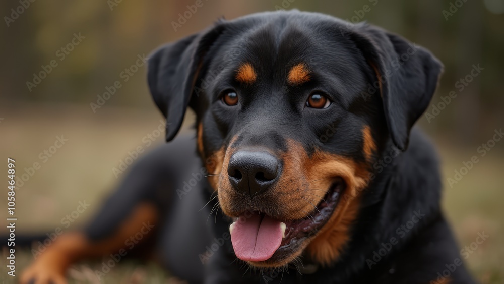 A black and brown dog laying in the grass with its tongue out A black and brown dog laying in the grass with its tongue out