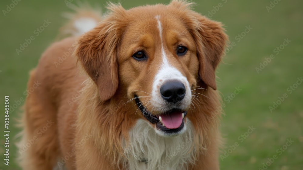 A brown and white dog standing on top of a lush green field A brown and white dog standing on top of a lush green field