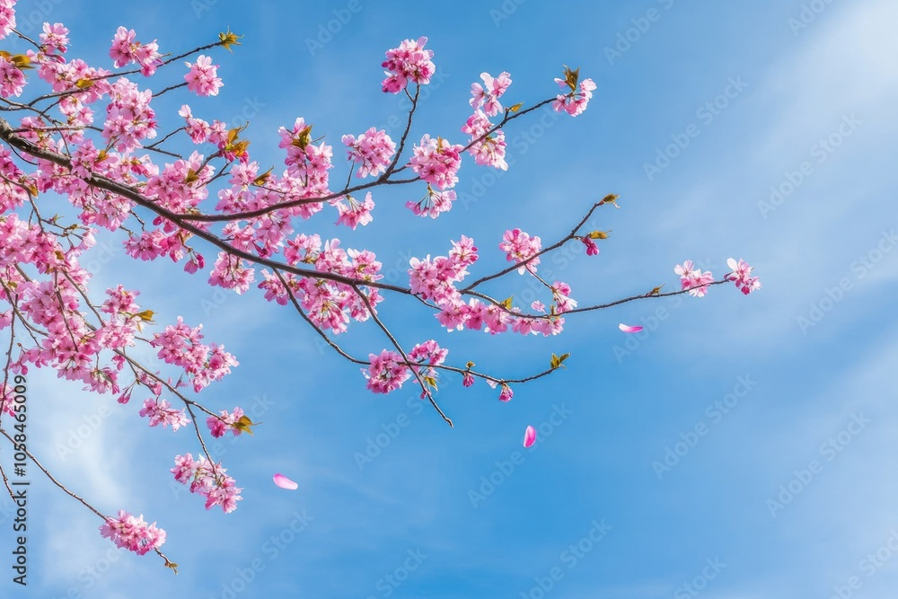 A branch of pink cherry blossoms against a clear blue sky, symbolizing spring and beauty. A branch of pink cherry blossoms against a clear blue sky, symbolizing spring and beauty.