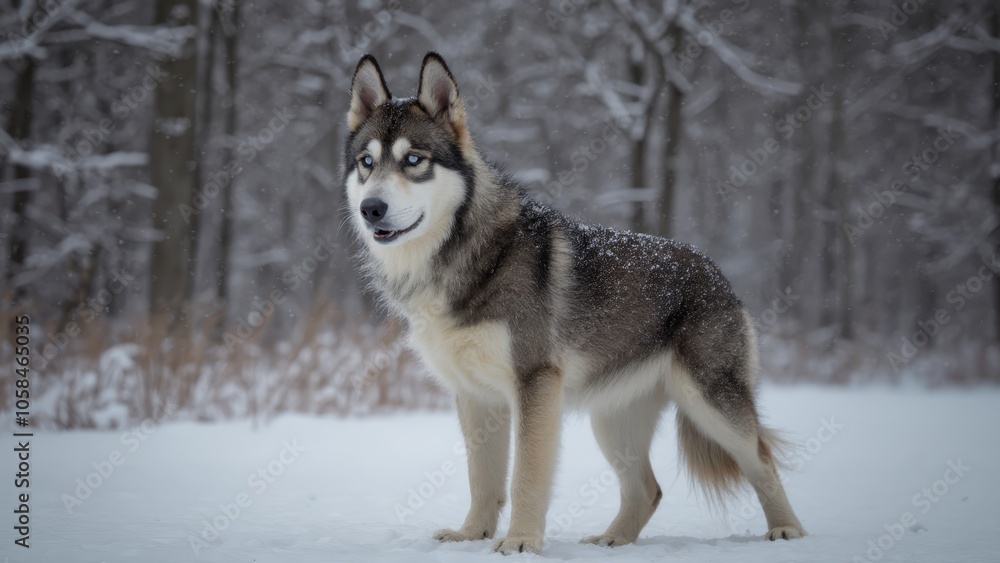 A husky dog standing in the snow in the woods A husky dog standing in the snow in the woods