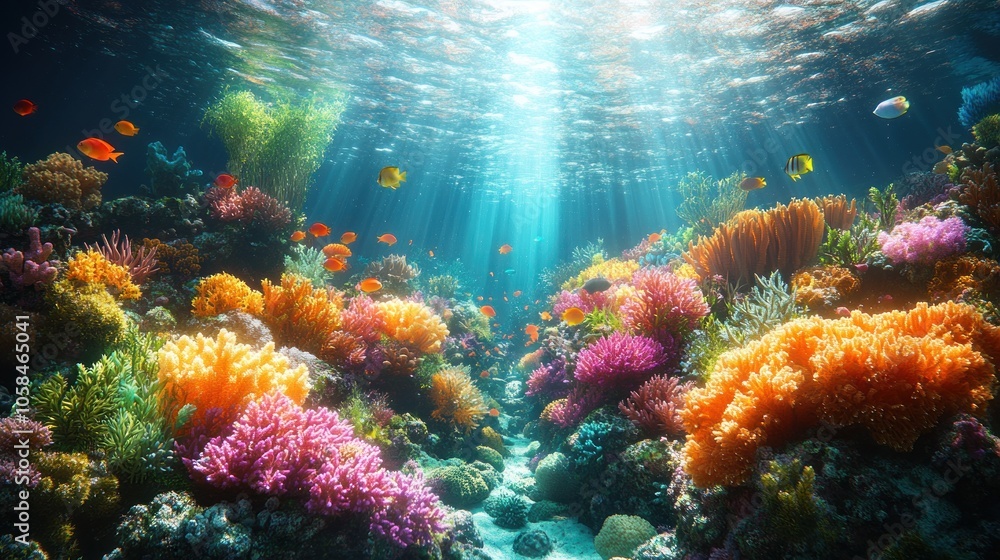 Fototapeta premium Vibrant underwater scene with colorful corals and fish.