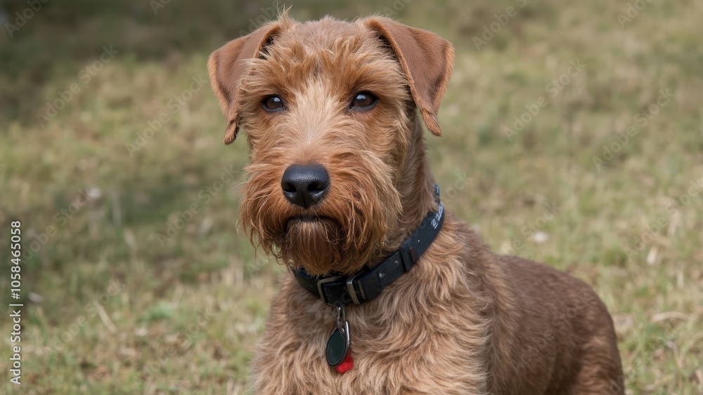 A brown dog sitting on top of a lush green field A brown dog sitting on top of a lush green field