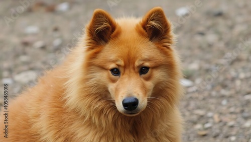 A brown dog sitting on a gravel road