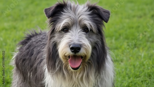 A dog is standing in the grass with its tongue out