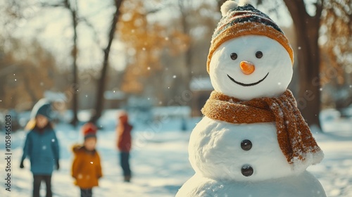 Panoramic view of a happy snowman in a park, children playing in the background, with space for text above.