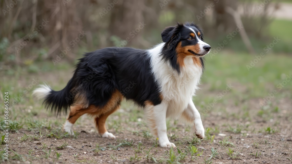 A black and white dog standing on a dirt road A black and white dog standing on a dirt road