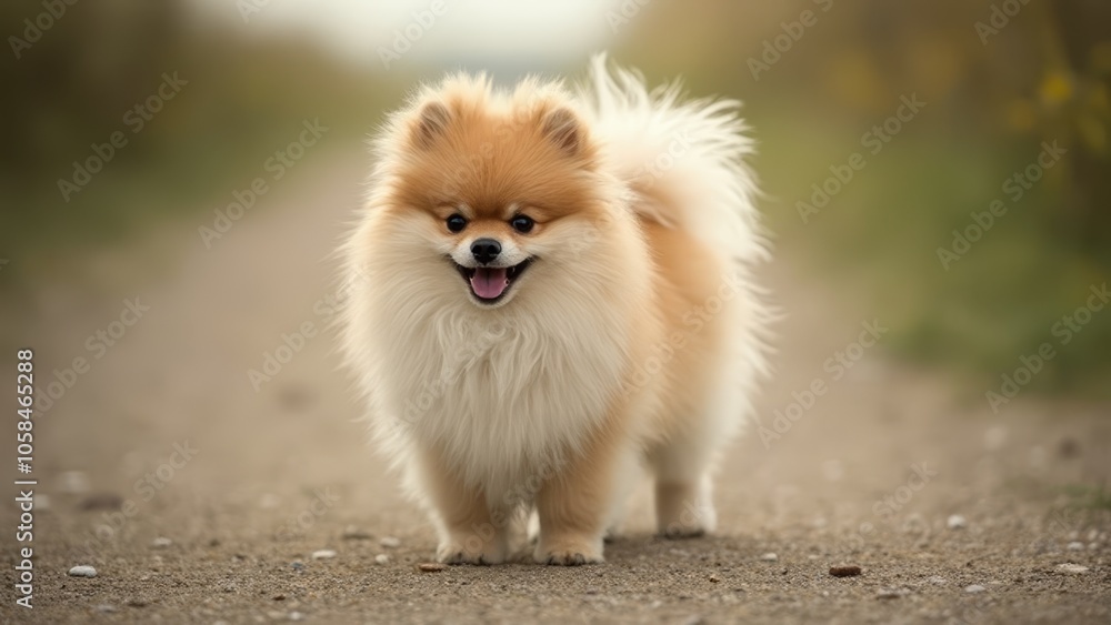 A small brown and white dog walking down a dirt road A small brown and white dog walking down a dirt road