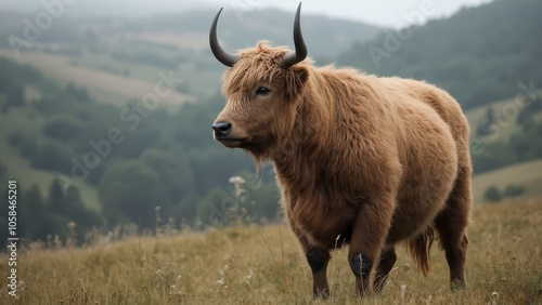 A brown cow standing on top of a lush green field