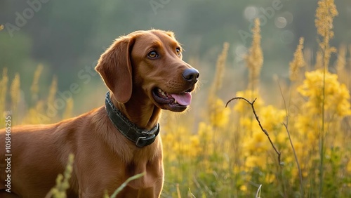 A brown dog sitting in a field of yellow flowers