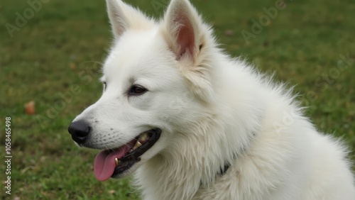 A white dog sitting on top of a lush green field