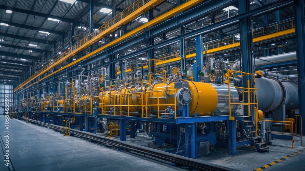 Industrial facility with large machinery and piping for processing or manufacturing. Industrial facility with large machinery and piping for processing or manufacturing.